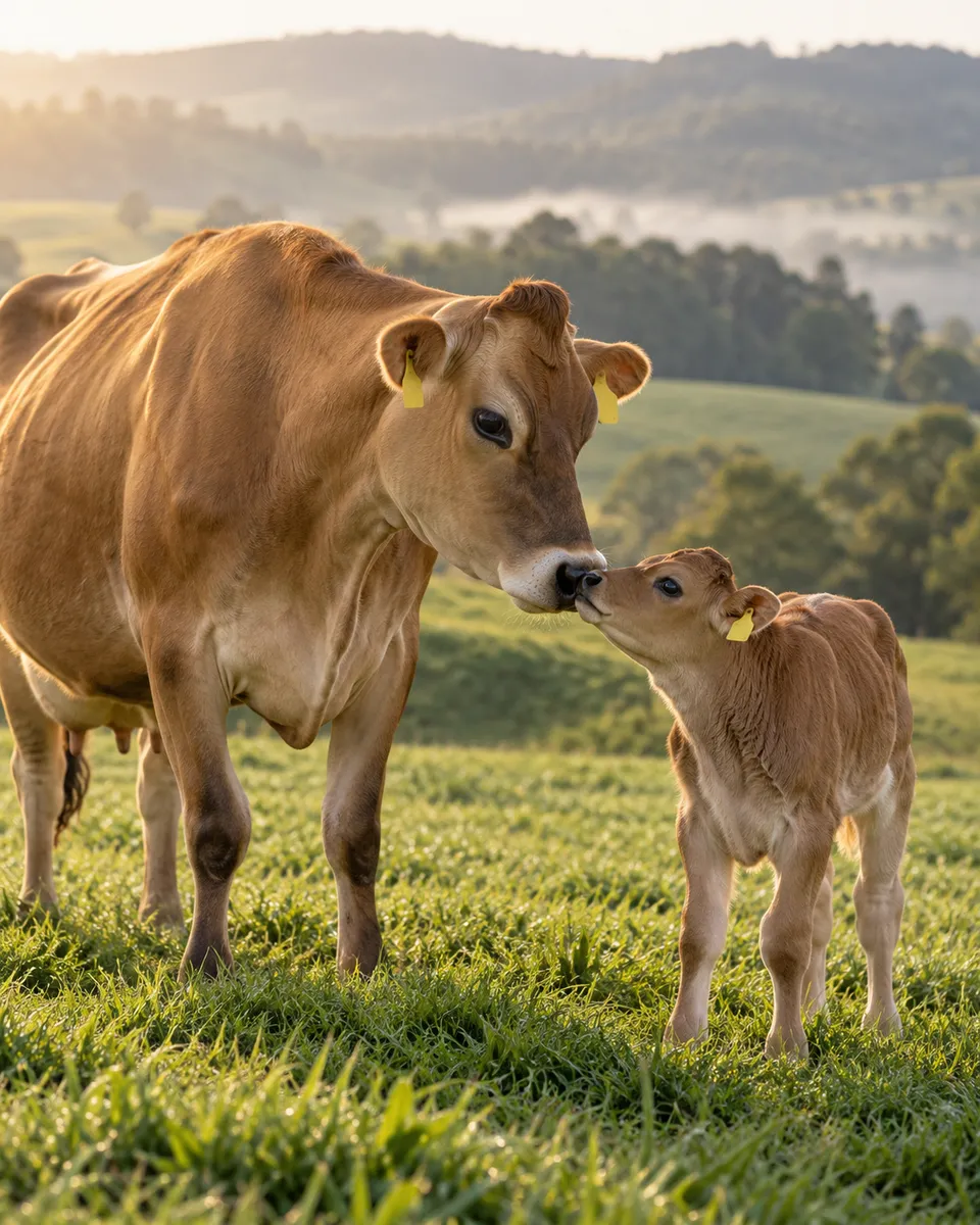 Vaca Jersey e sua bezerra se aproximam carinhosamente no pasto